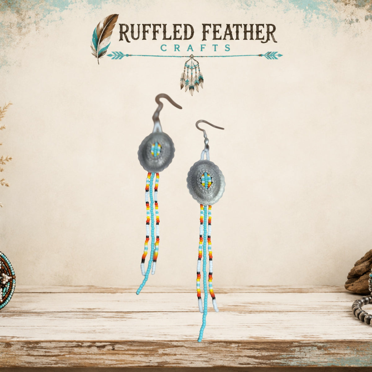 Hand-Beaded Concho Dangle Earrings