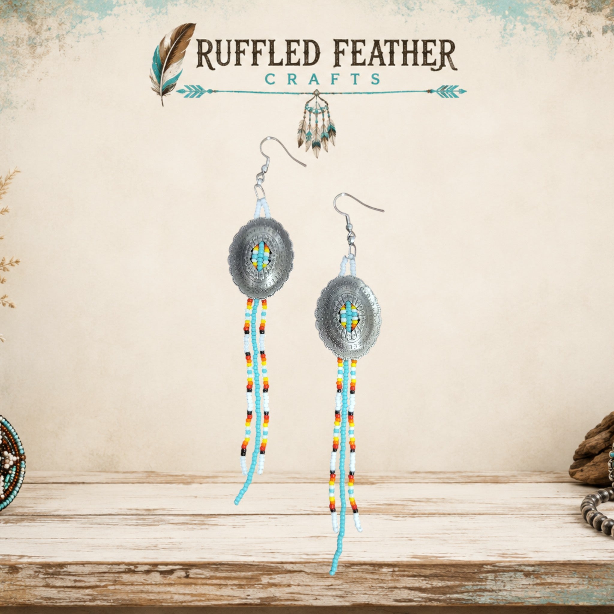 Hand-Beaded Concho Dangle Earrings