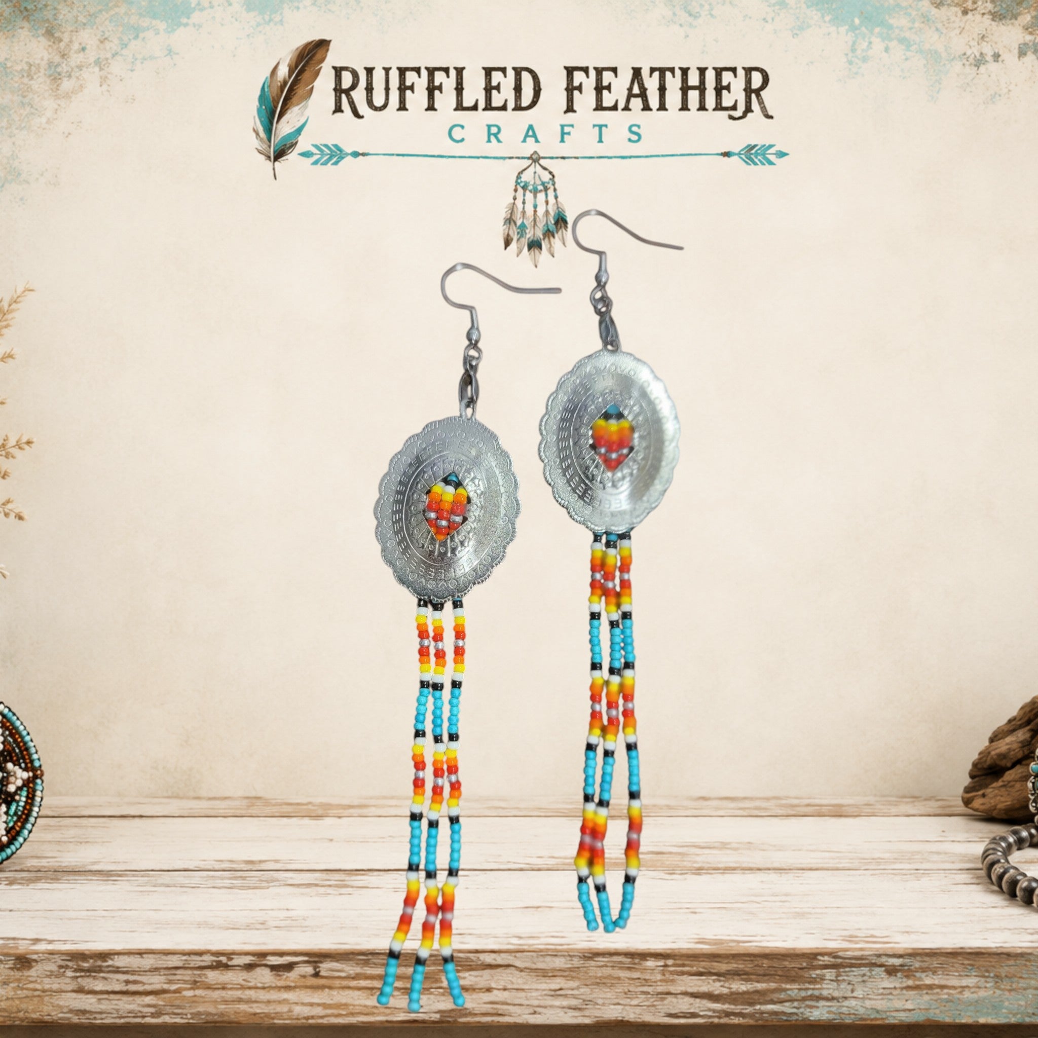 Hand-Beaded Concho Dangle Earrings