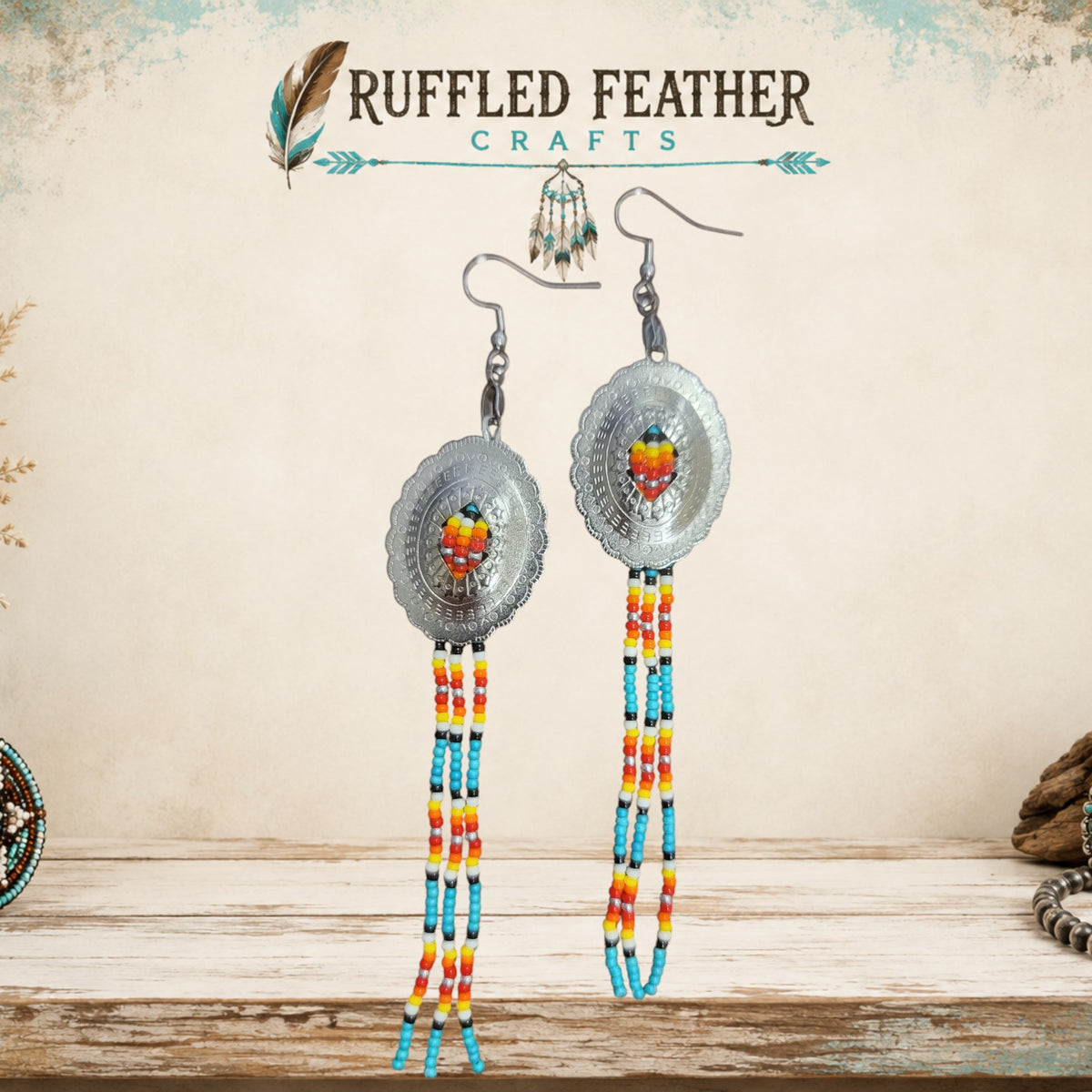 Hand-Beaded Concho Dangle Earrings