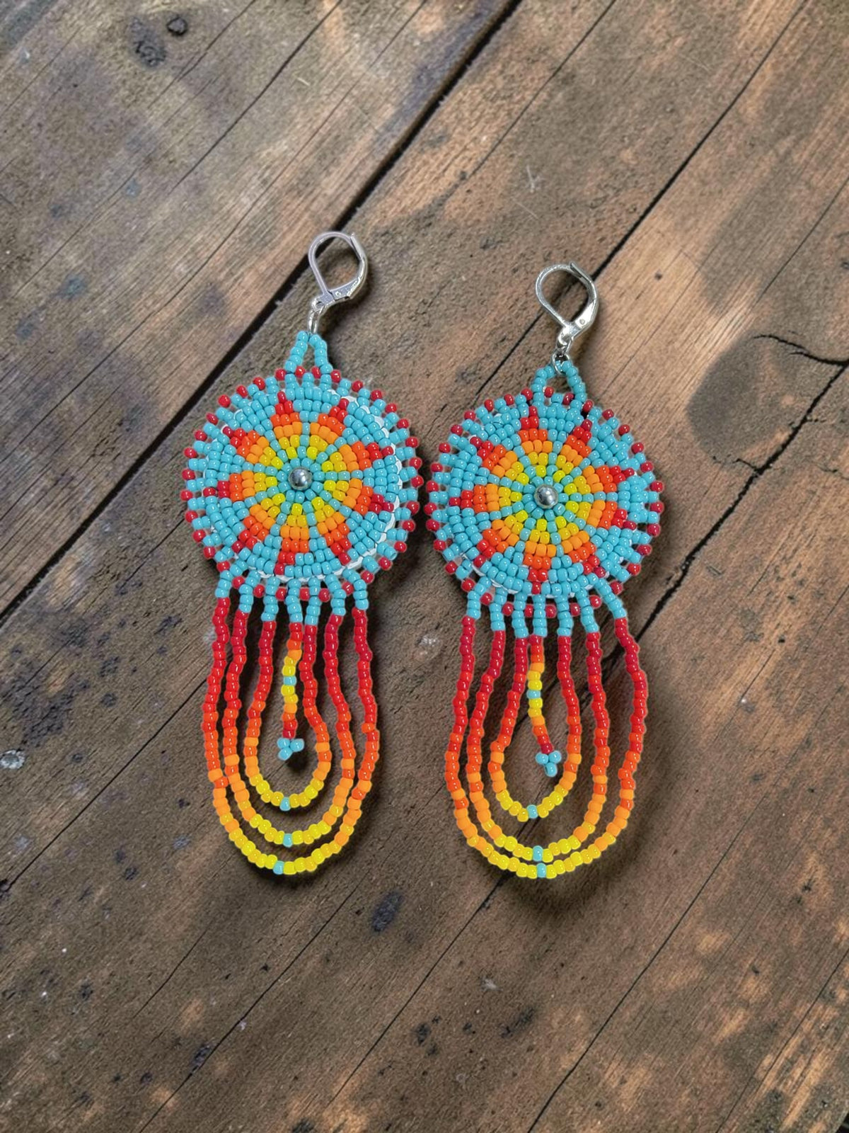 Hand-Beaded Rosette Dangle Earrings