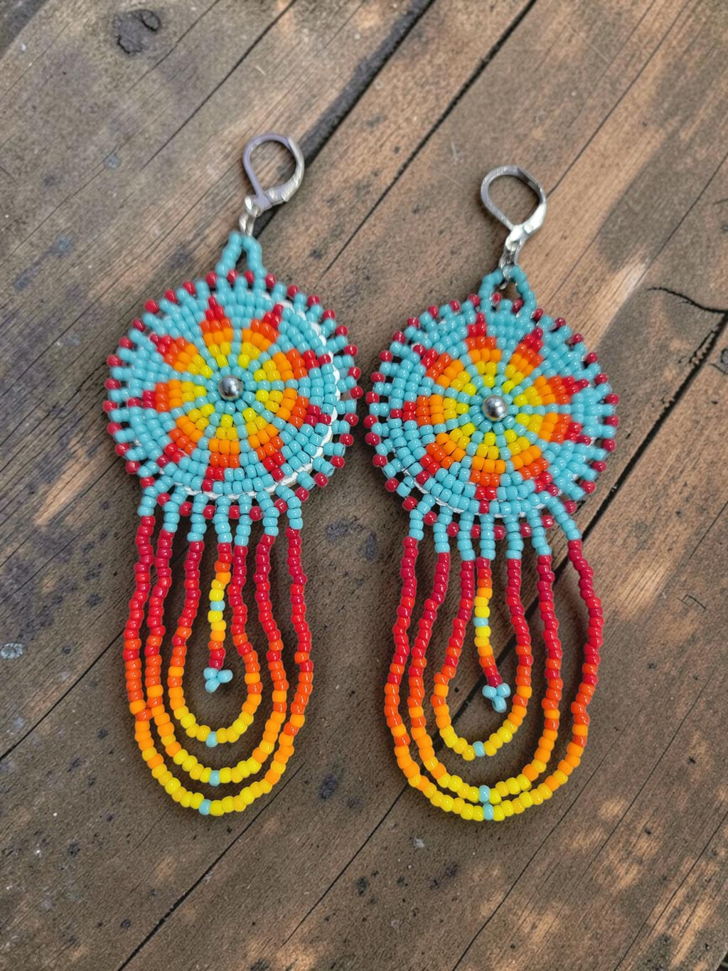 Hand-Beaded Rosette Dangle Earrings