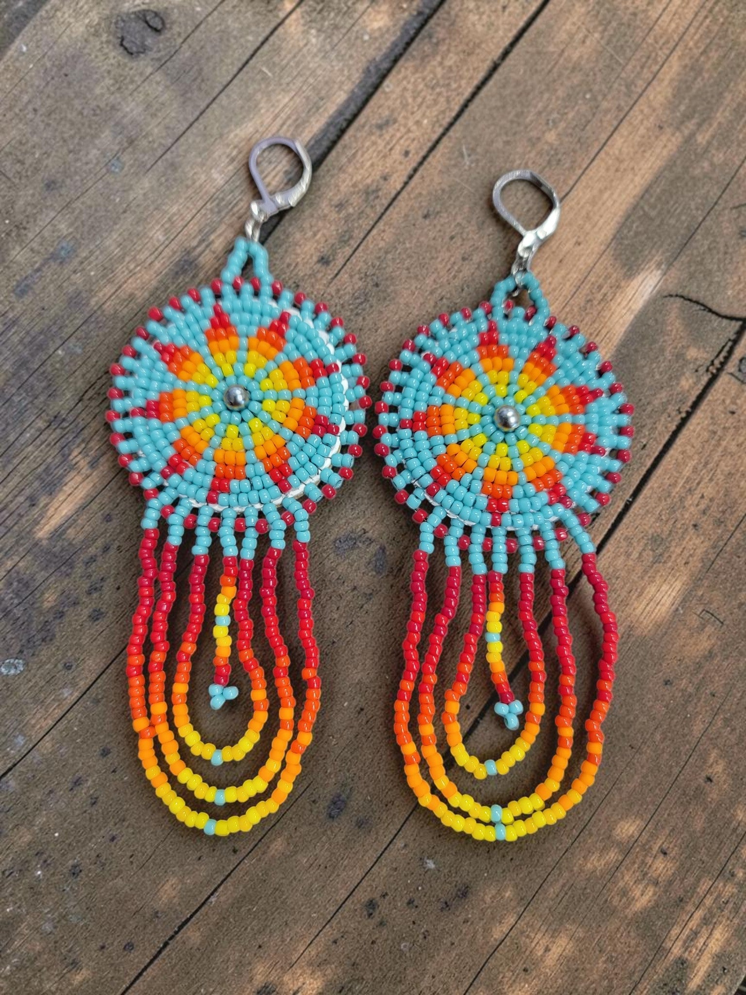 Hand-Beaded Rosette Dangle Earrings