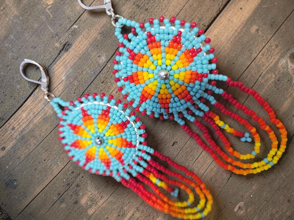Hand-Beaded Rosette Dangle Earrings