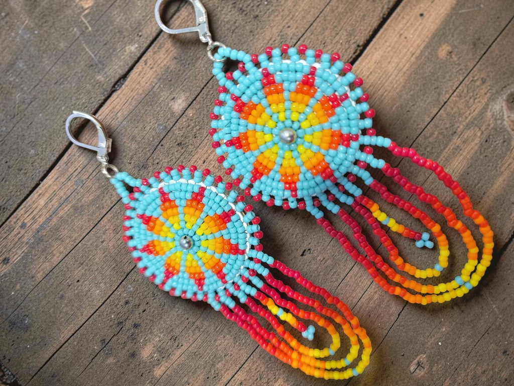 Hand-Beaded Rosette Dangle Earrings