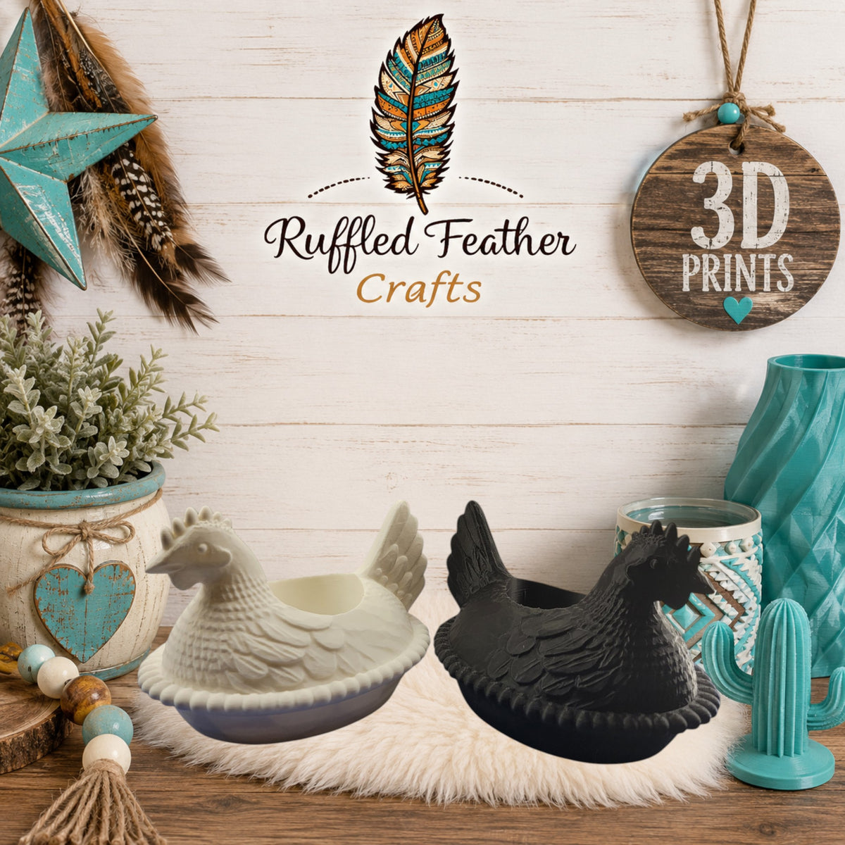 Farmhouse Chicken Salt & Pepper Shaker Holder | 3D Printed Kitchen Decor