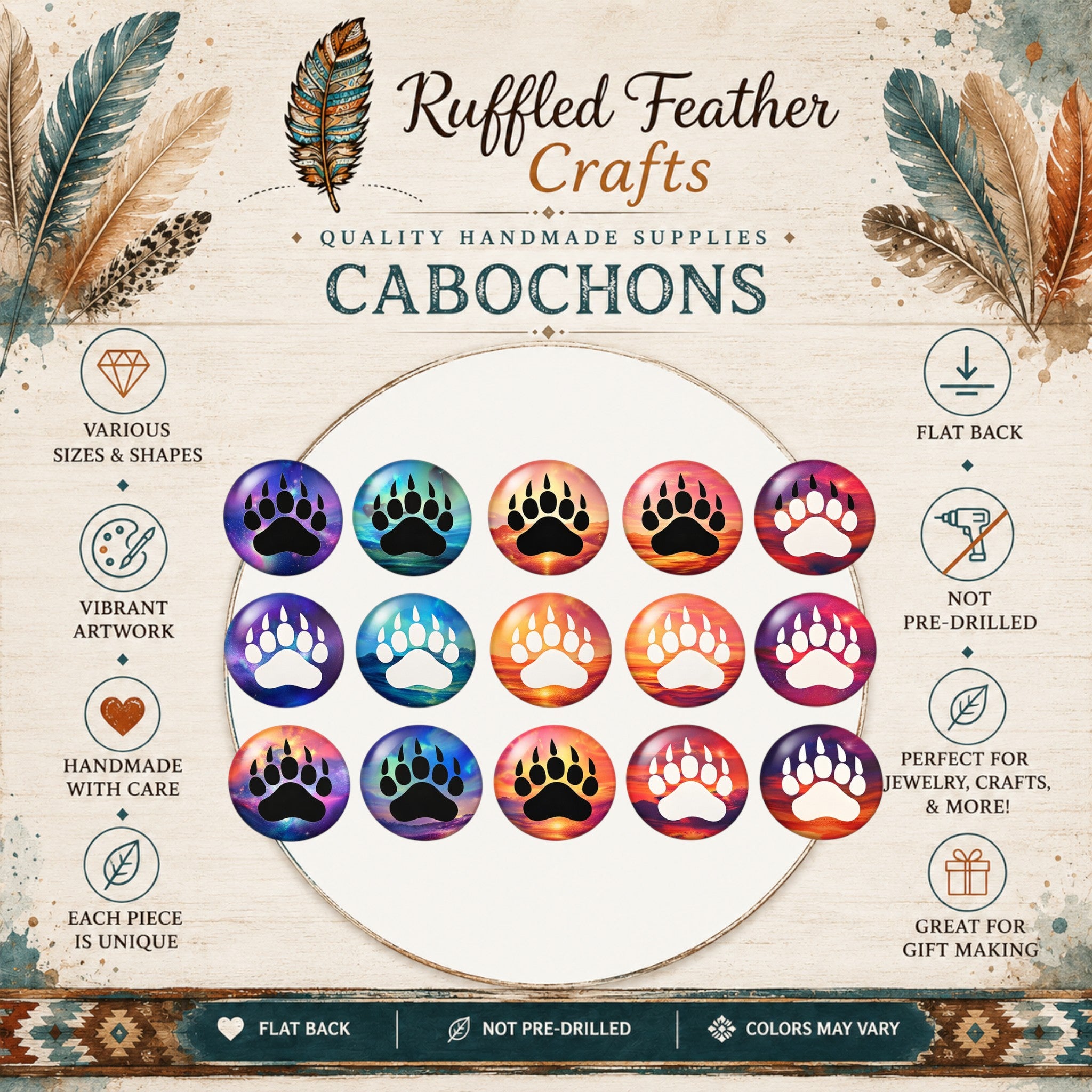 Colorful Bear Paw Round Cabochons