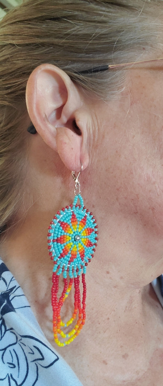Hand-Beaded Rosette Dangle Earrings