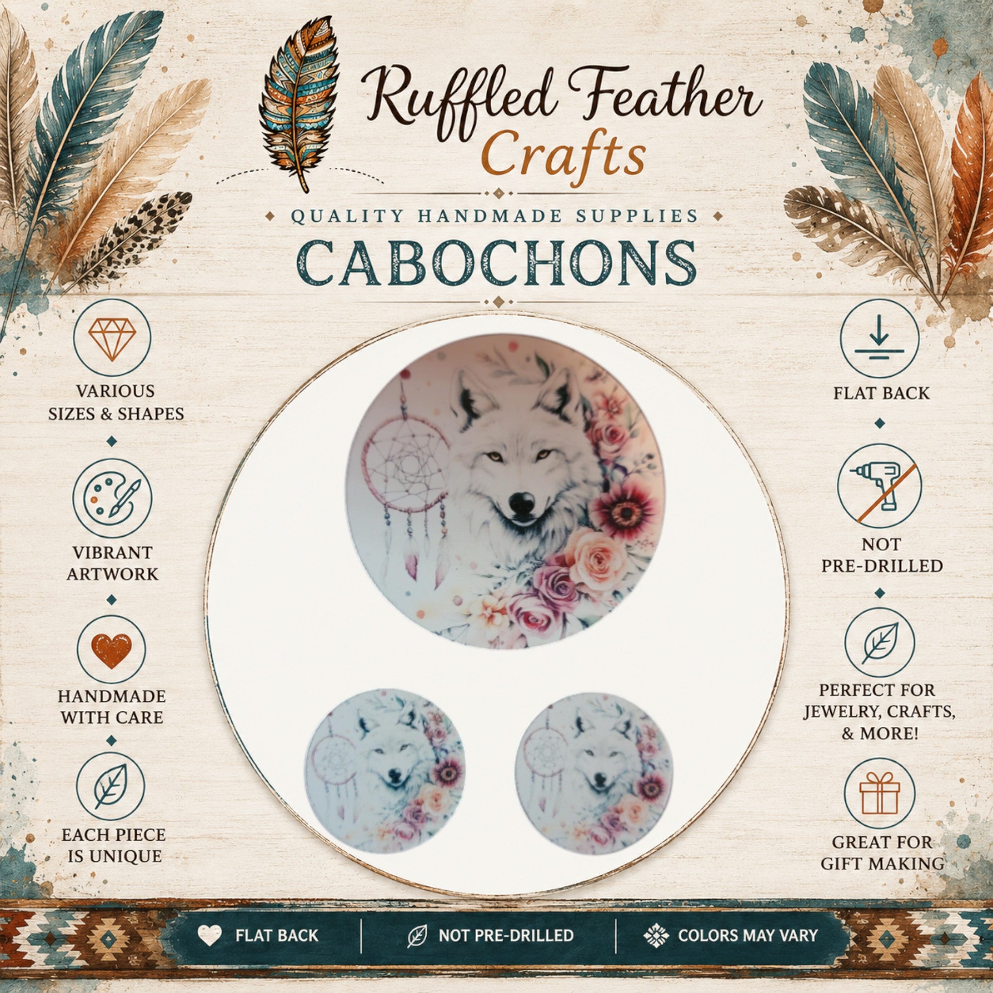 White Wolf Floral Dreamcatcher Round Cabochon