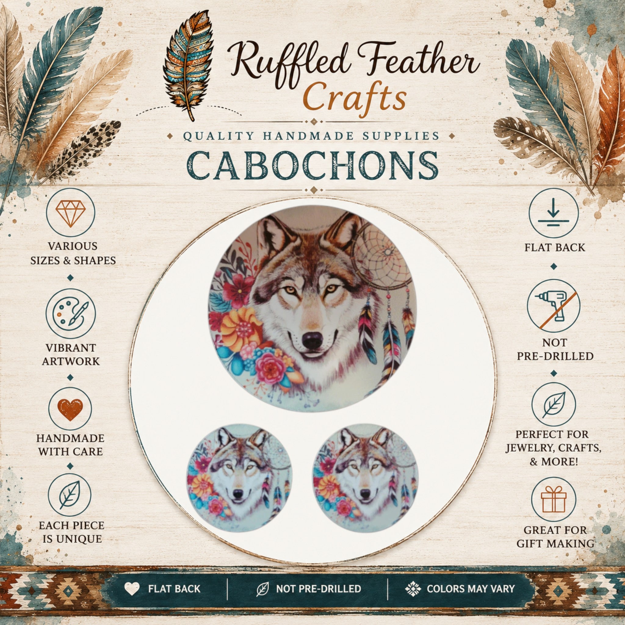 Floral Wolf Dreamcatcher Round Cabochon